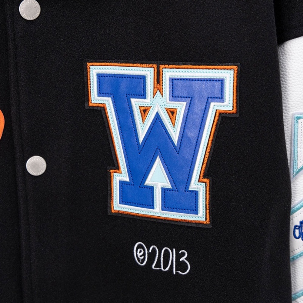 Off-White Patchwork Embroidered Logo Baseball Jac… - image 6
